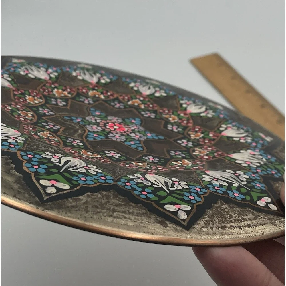 Vintage Turkish Etched Copper Wall Plate Hand-painted Enamel Hanging 7.5